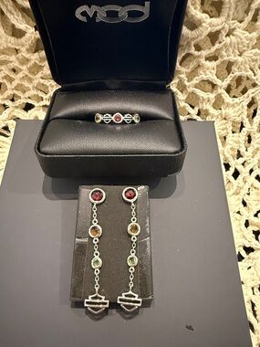 Harley-Davidson Silver Tone Dangle Earrings & Matching Ring